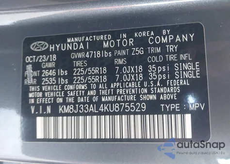 2019 Hyundai Tucson Sel z USA, uszkodzony, nr VIN KM8J33AL4KU875529